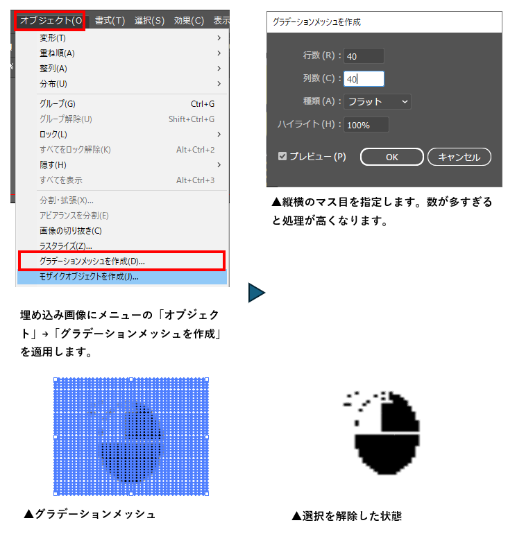 グラデーションメッシュの作成図