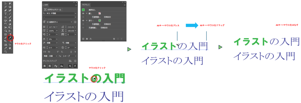 文字の属性を「適用」でコピーする図