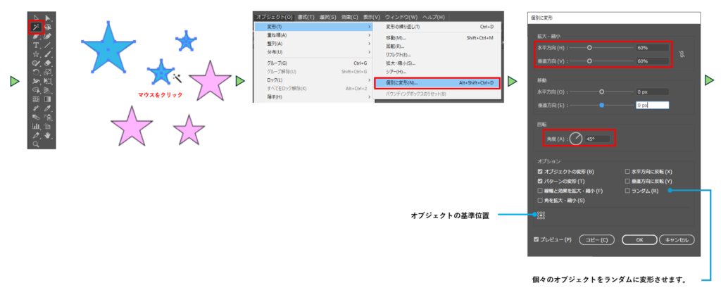 複数のオブジェクトを個別に変形する図